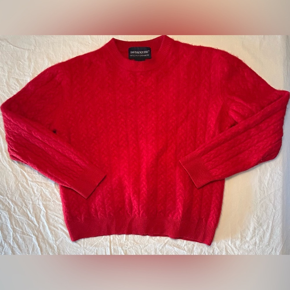 Davis & Squire Red Cable Knit Crewneck 100% 2 Ply Cashmere Sweater Men’s Large